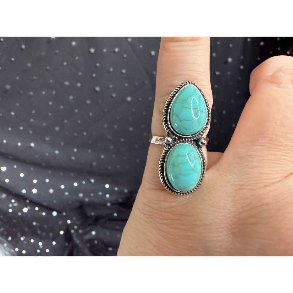 Turquoise Look Statement Ring Size 6.5, Double Stone Teardrop Oval